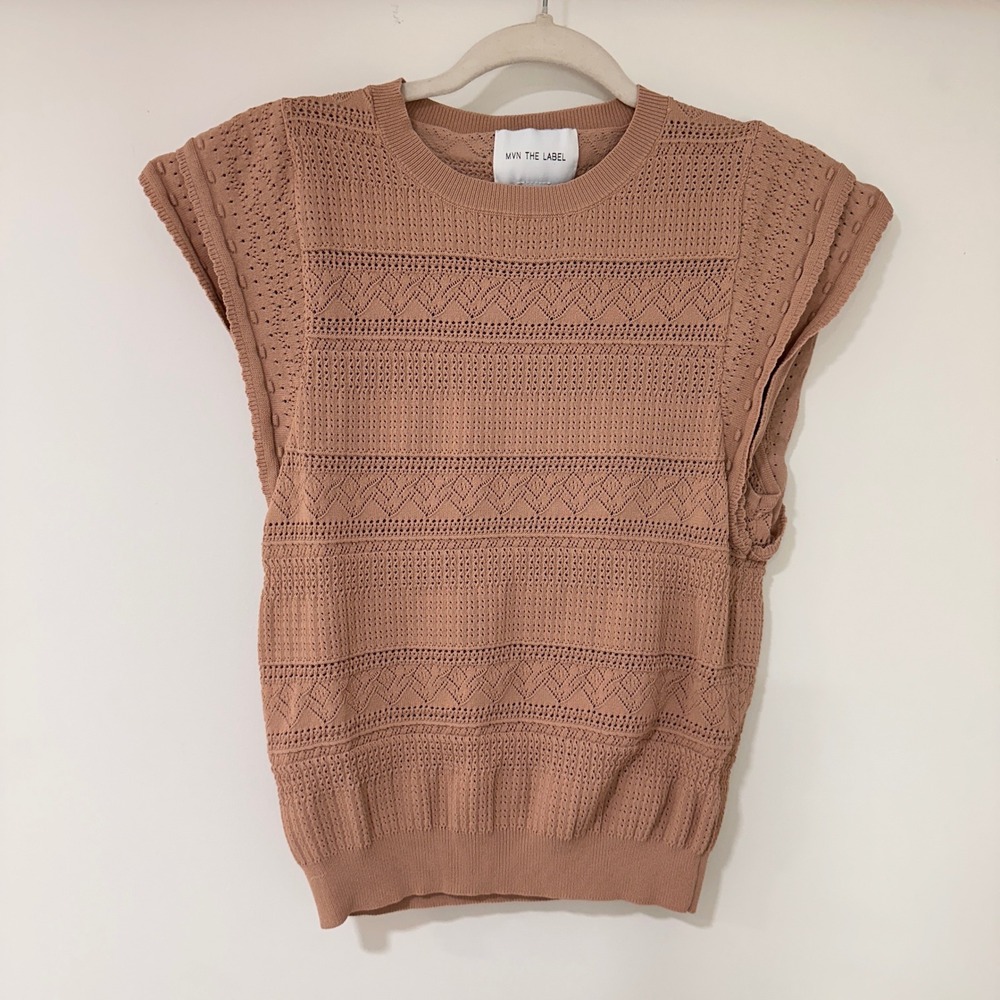 MVN THE LABEL Pointelle Knit Ruffle Top Women M Dusty Rose Chevron | Cottagecore